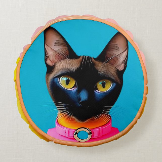 Stylized Cat Portrait With Bold Colours Round Pillow (Front)
