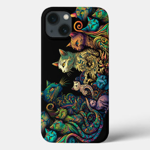 Stylized Cat Tribe Colours on Black Frieze iPhone 13 Case