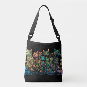 Stylized Cat Tribe Colours on Black Frieze Crossbody Bag