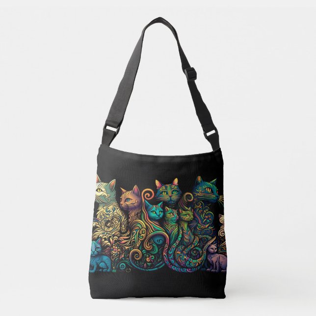 Stylized Cat Tribe Colours on Black Frieze Crossbody Bag (Front)