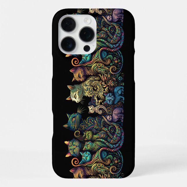 Stylized Cat Tribe Colours on Black Frieze iPhone Case (Back)