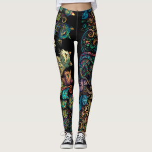 Stylized Cat Tribe Colours on Black Frieze Leggings