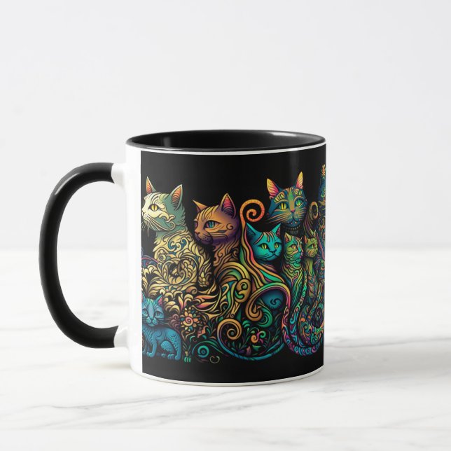 Stylized Cat Tribe Colours on Black Frieze Mug (Left)