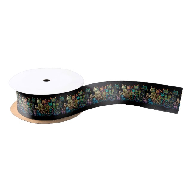 Stylized Cat Tribe Colours on Black Frieze Satin Ribbon (Spool)