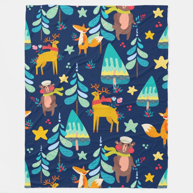 Stylized Christmas animals & trees pattern Fleece Blanket (Front)