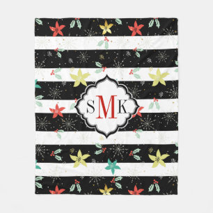 Stylized Christmas holly & poinsettia pattern Fleece Blanket