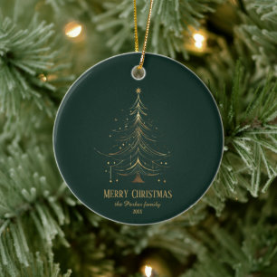 Stylized Christmas Tree in Gold on Dark Background Ceramic Ornament
