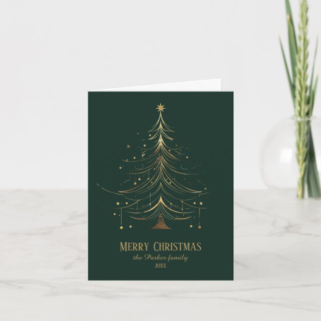 Stylized Christmas Tree in Gold on Dark Background Holiday Card (Front)