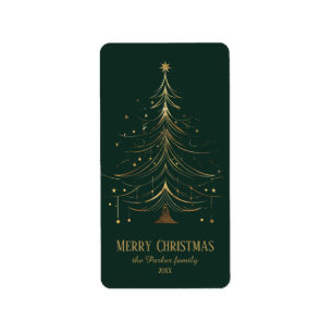 Stylized Christmas Tree in Gold on Dark Background Label