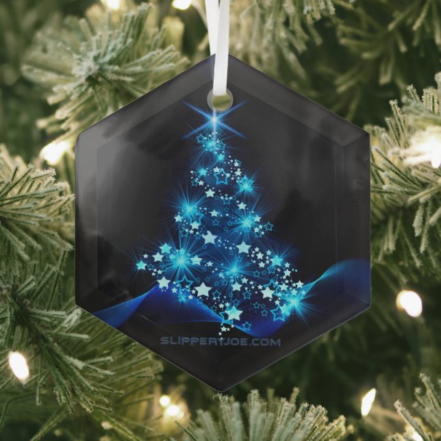 stylized Christmas tree SlipperyJoe glowing blue s Glass Ornament (Insitu)