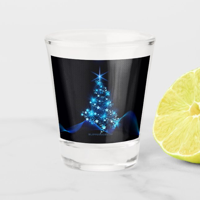 stylized Christmas tree SlipperyJoe glowing blue s Shot Glass (Front)