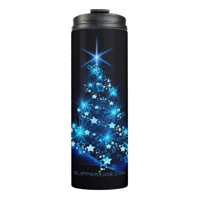 stylized Christmas tree SlipperyJoe glowing blue s Thermal Tumbler (Front)