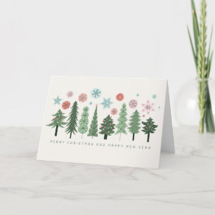 Stylized Christmas Trees and Snowflakes Holiday Card