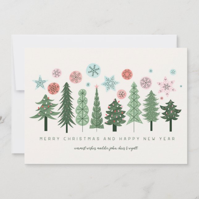 Stylized Christmas Trees and Snowflakes Holiday Card (Front)
