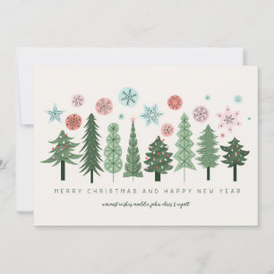 Stylized Christmas Trees and Snowflakes Holiday Card