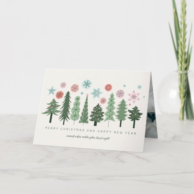 Stylized Christmas Trees and Snowflakes Holiday Card (Front)