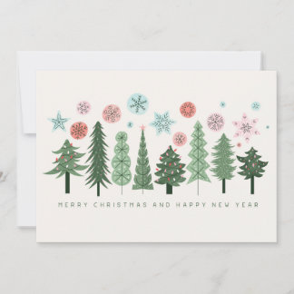Stylized Christmas Trees and Snowflakes Holiday Card