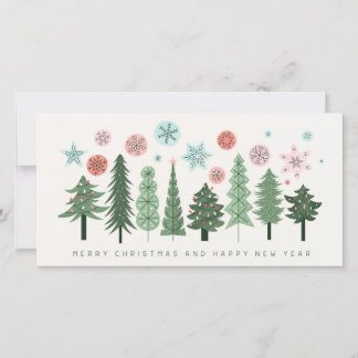 Stylized Christmas Trees and Snowflakes Holiday Card