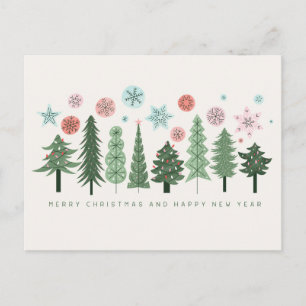 Stylized Christmas Trees and Snowflakes Holiday Postcard