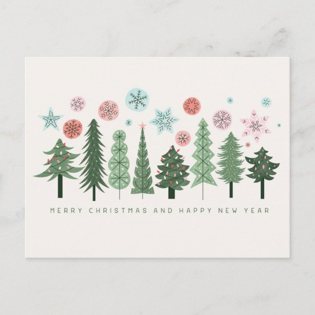 Stylized Christmas Trees and Snowflakes Holiday Postcard (Front)