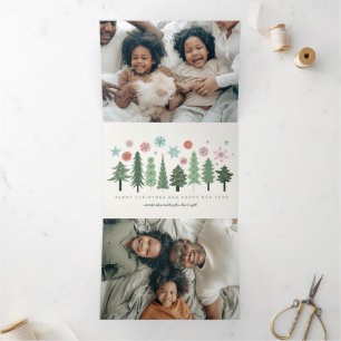 Stylized Christmas Trees and Snowflakes Tri-Fold Holiday Card