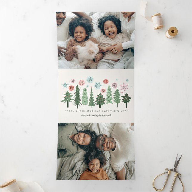 Stylized Christmas Trees and Snowflakes Tri-Fold Holiday Card (Inside)