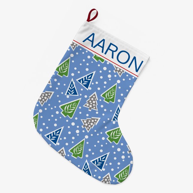 Stylized Christmas trees pattern blue and name Large Christmas Stocking (Front (Hanging))