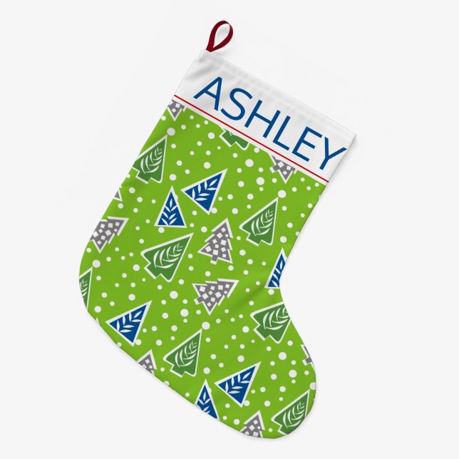 Stylized Christmas trees pattern lime green, name Large Christmas Stocking (Front (Hanging))