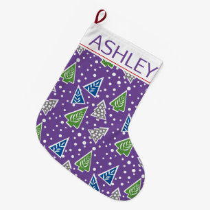 Stylized Christmas trees pattern purple and name Large Christmas Stocking