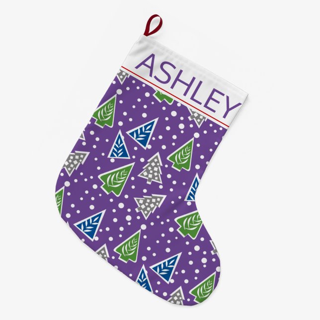 Stylized Christmas trees pattern purple and name Large Christmas Stocking (Front (Hanging))