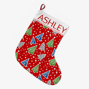 Stylized Christmas trees pattern red and name Large Christmas Stocking