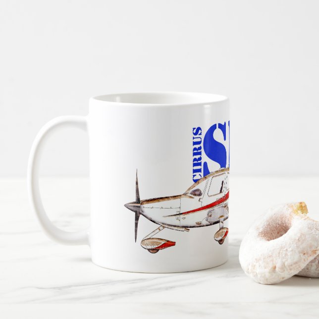 Stylized Cirrus SR22 Plane with Bold Typography Coffee Mug (With Donut)