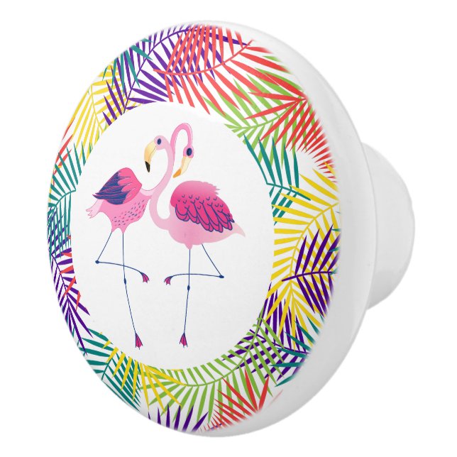 Stylized Coconut Leaf & Pink Flamingos Ceramic Knob (Right)
