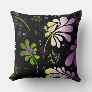 Stylized colourful leaves and flowers on black  throw pillow