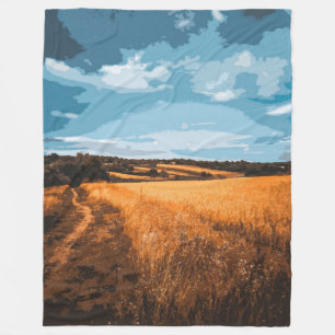 Stylized Countryside Road Golden Summer Fleece Blanket