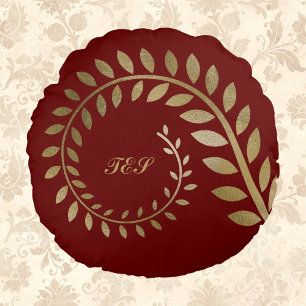 Stylized Curled Spiral Fern on Gold Against Brown Round Pillow