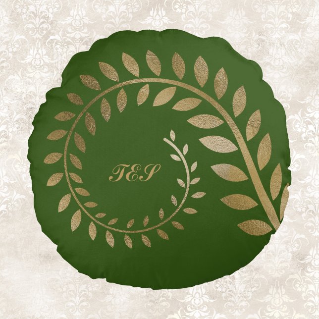 Stylized Curled Spiral Fern on Gold Against Green Round Pillow (Creator Uploaded)