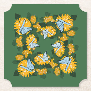 Stylized Dandelion Butterflies Yellow Green Paper Coaster