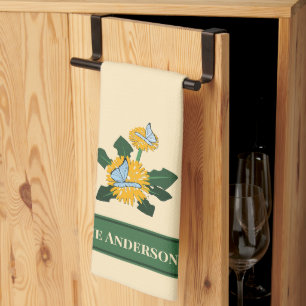 Stylized Dandelion Butterfly Custom Family Name Kitchen Towel