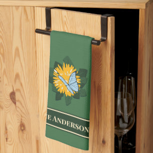 Stylized Dandelion Butterfly Custom Name Green Kitchen Towel