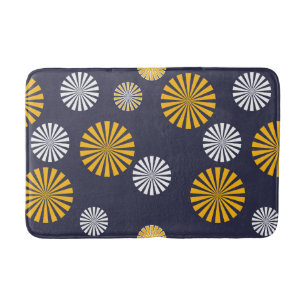 Stylized dandelions, navy blue, yellow, white bath mat