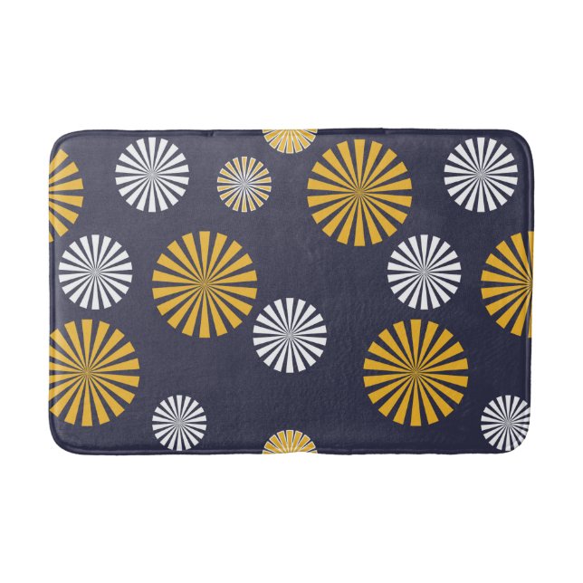 Stylized dandelions, navy blue, yellow, white bath mat (Front)