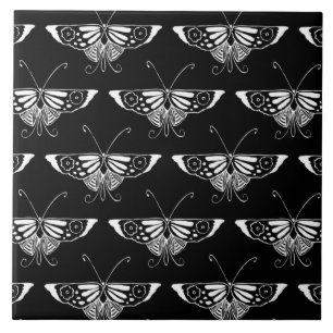 Stylized Deco butterfly  - black and white Tile