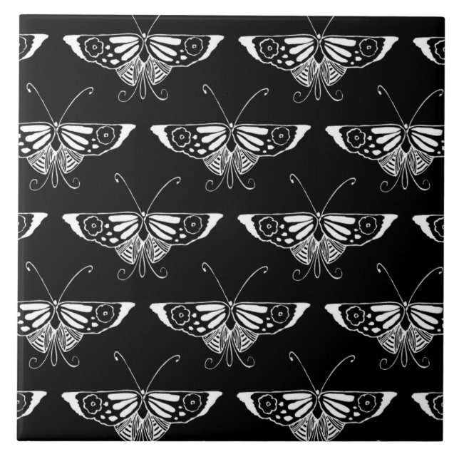 Stylized Deco butterfly  - black and white Tile (Front)