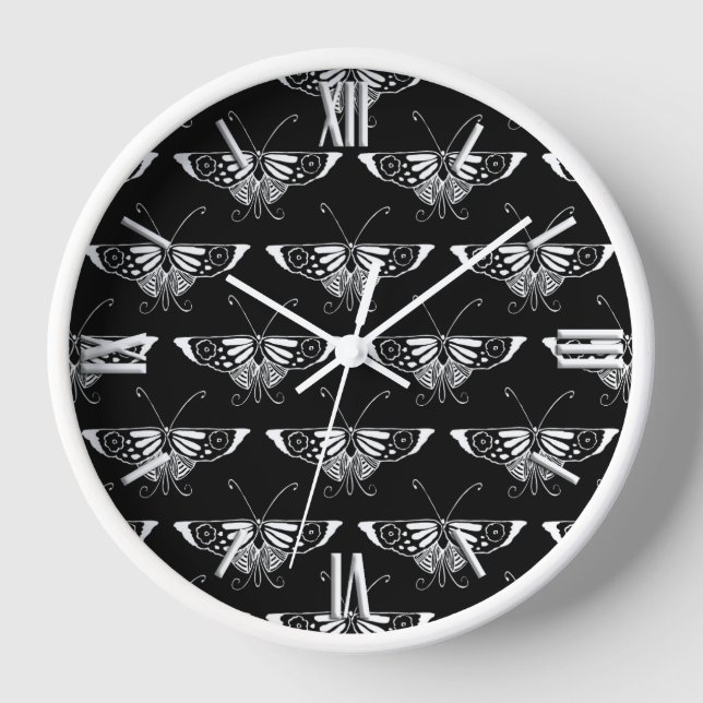 Stylized Deco butterfly  - black and white Wall Clock (Front)
