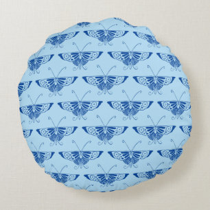 Stylized Deco butterfly - cobalt and pale blue Round Pillow