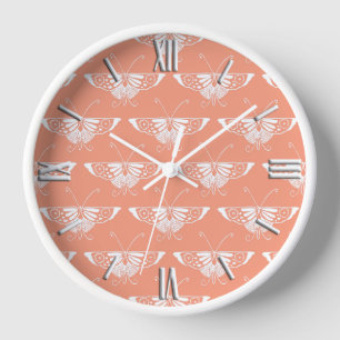 Stylized Deco butterfly - coral orange Clock