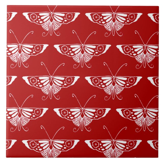 Stylized Deco butterfly  - dark red and white Tile (Front)