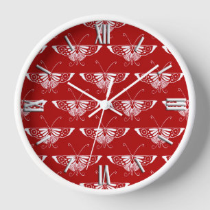 Stylized Deco butterfly - dark red and white Wall Clock