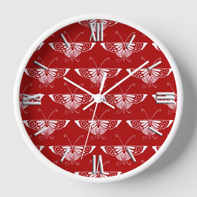 Stylized Deco butterfly  - dark red and white Wall Clock (Front)